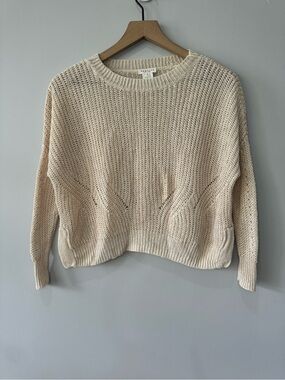 Demylee Cream Linen Crewneck Open Stitch Knit Sweater - Lightweight Pullover XS